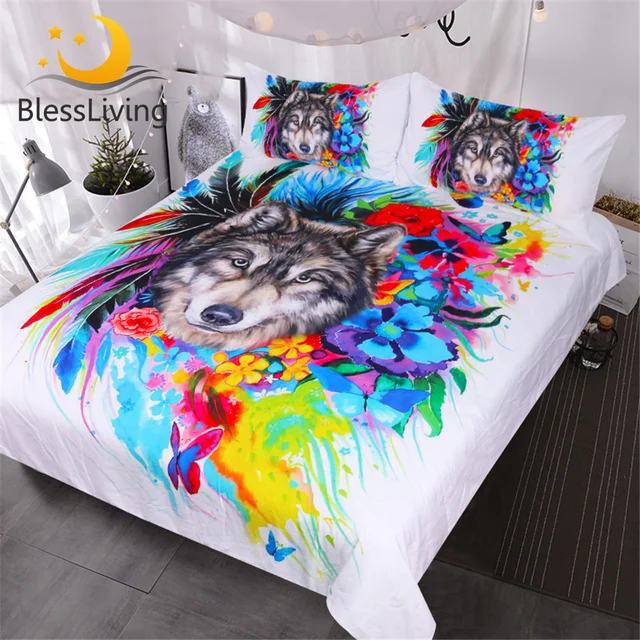 BlessLiving Floral Boho Wolf Duvet Cover Set Cool Wildlife Bedding Set Queen for Adults Bright Rainbow Flower Blossoms Bedspread 1