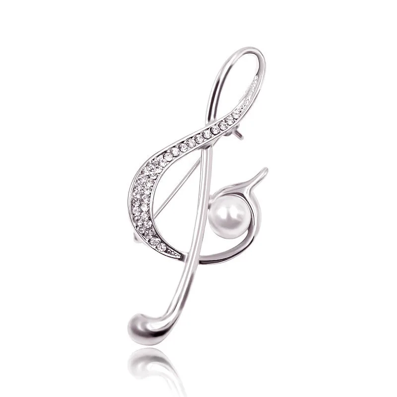 Silver Юный тюльпан, модные жемчужные броши с музыкальной нотой для женщин, креативные булавки со стразами, аксессуары, значок, роскошные ювелирные изделия унисекс - Окраска металла: Silver
