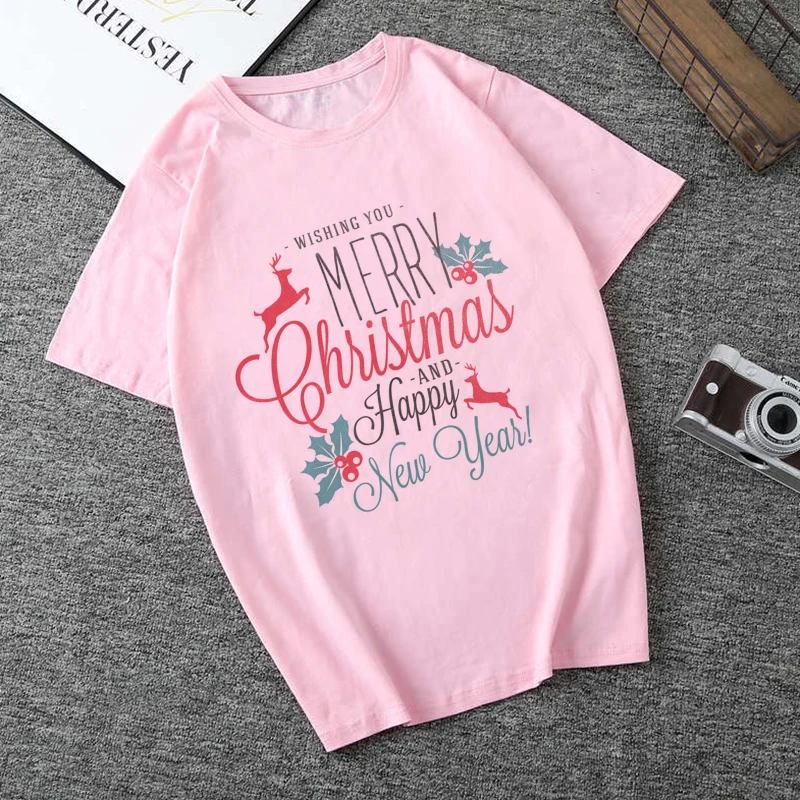Рождественская футболка с принтом для женщин 2019 милая розовая в стиле Харадзюку