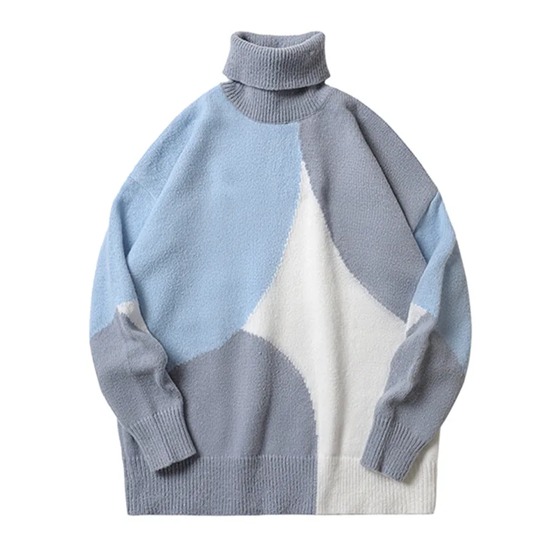 

2021 Men's Turtleneck Sweater Men's Korean-Style Trendy Loose Stitching Contrast Color Mori Style Sweater
