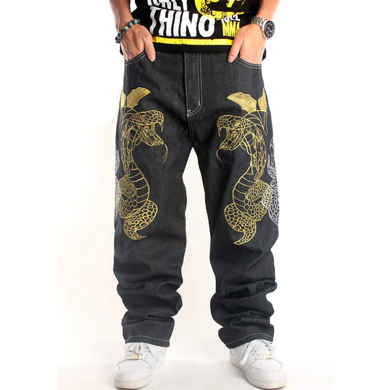 

Men's Vintage Hip Hop Style Baggy Jeans Denim Trousers Loose Fit Dance Skateboard Python Embroidery Pants Oversize