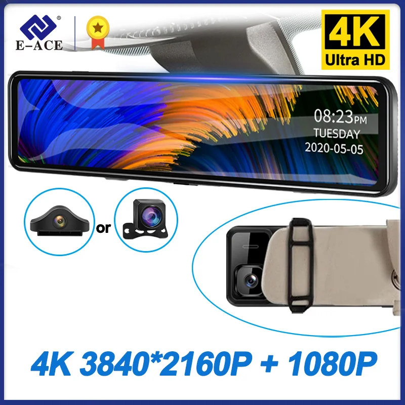 E-ACE A46P 12 "Автомобильный видеорегистратор 4K 3840*2160P видеорегистратор зеркало заднего вида видеорегистратор Sony IMX335 двойной объектив Автомобильная камера парковочный монитор