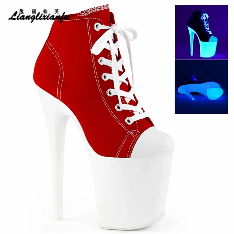 

LLXF Pole Dancing 8 inch Lace-Up Ankle Boots 20cm Thin High Heels platforms Shoes woman Stiletto female Fetish Dance Pumps botas