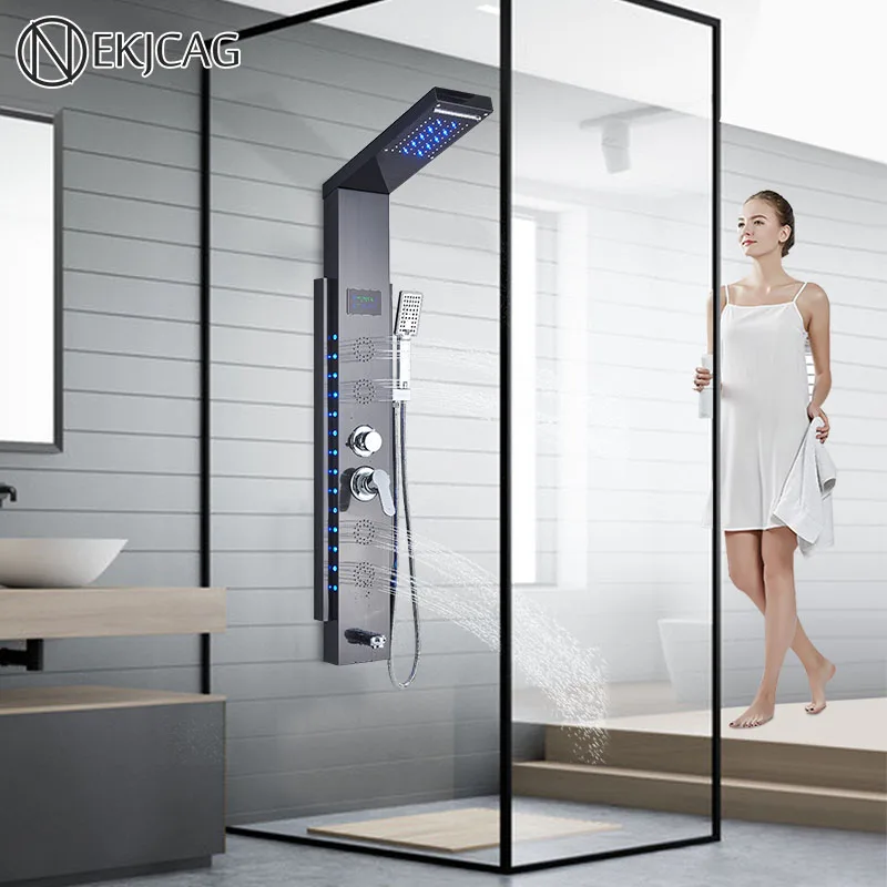 Черная душевая панель для ванной комнаты светодиодсветодиодный колонка водопад