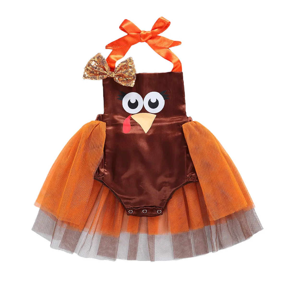 

0-18M Infant Thanksgiving Clothing Newborn Turkey Pattern Romper Mesh Patchwork Bow Halter Jumpsuit Sleeveless Playsuit