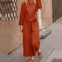 autumn office lady elegant long sleeve outfit women solid cotton linen two piece sets casual o neck tops wide leg pants suits
