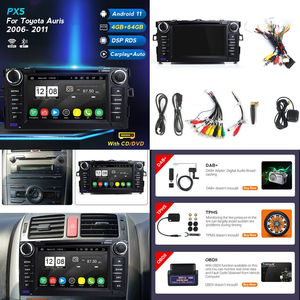 Автомобильный DVD-плеер PX5 DSP 2 DIN Android 11 Восьмиядерный 4 Гб + 64 ГБ для Toyota Auris 2008-2012