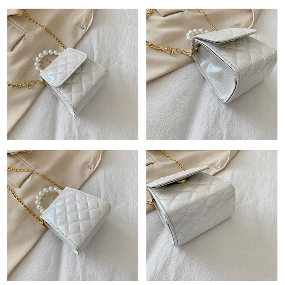 

Female PU Leather Flap Shoulder Bags Ladies Lattice Pattern Mini Crossbody Bags Pearl Chain Plain Messenger Bags