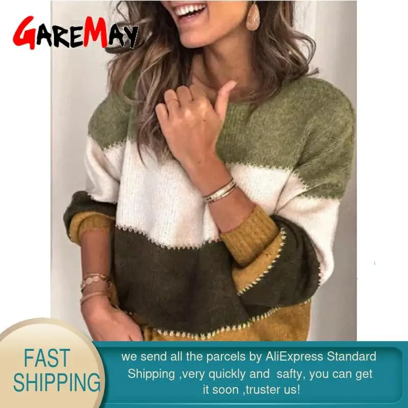 Свободный свитер в полоску на осень и зиму Женский пуловер размера плюс вязаный