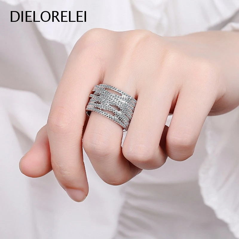 

DIELORELEI 925 Sterling Silver Ring Adjustable Style Simple Wide Face Zircon Curved Waves Open Ring Temperament Prevent Allergy