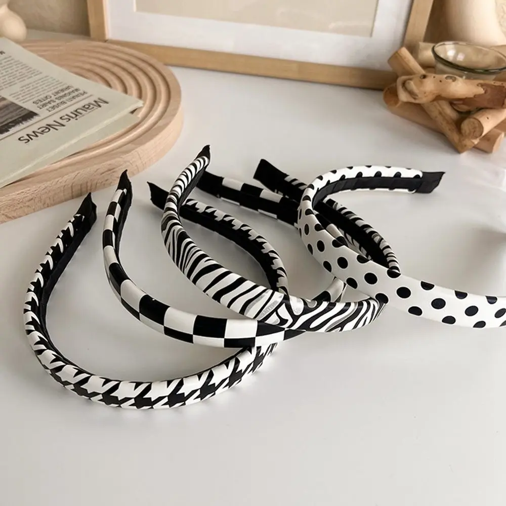 

Polka Dot Plaid Wash Face Checkerboard Girl Pu Leather Headband Korean Style Headwear Female Hairbands Thin Hair Hoop