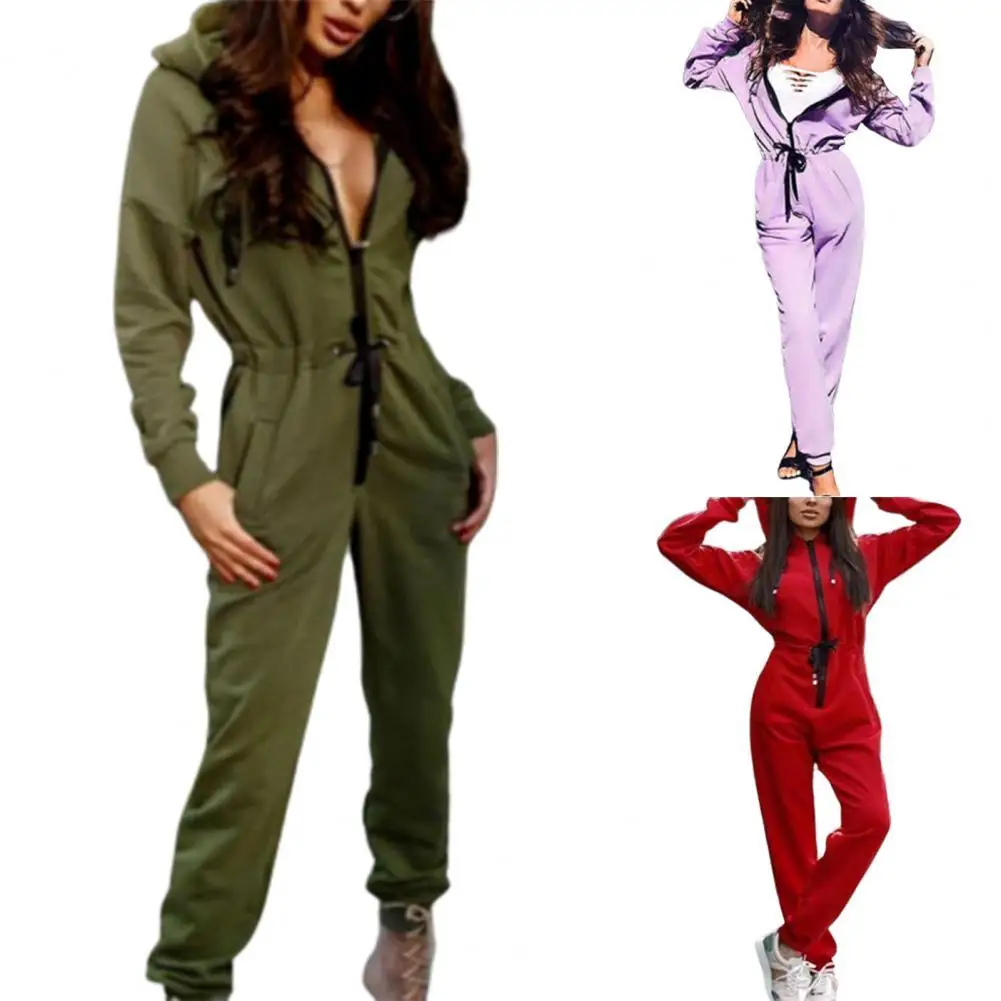 

Women Fashion Trends Jumpsuits Overalls Office Work Suit Casual Rompers Jumpsuit Hooded Drawstring Long Sleeve Waist Tied Romper