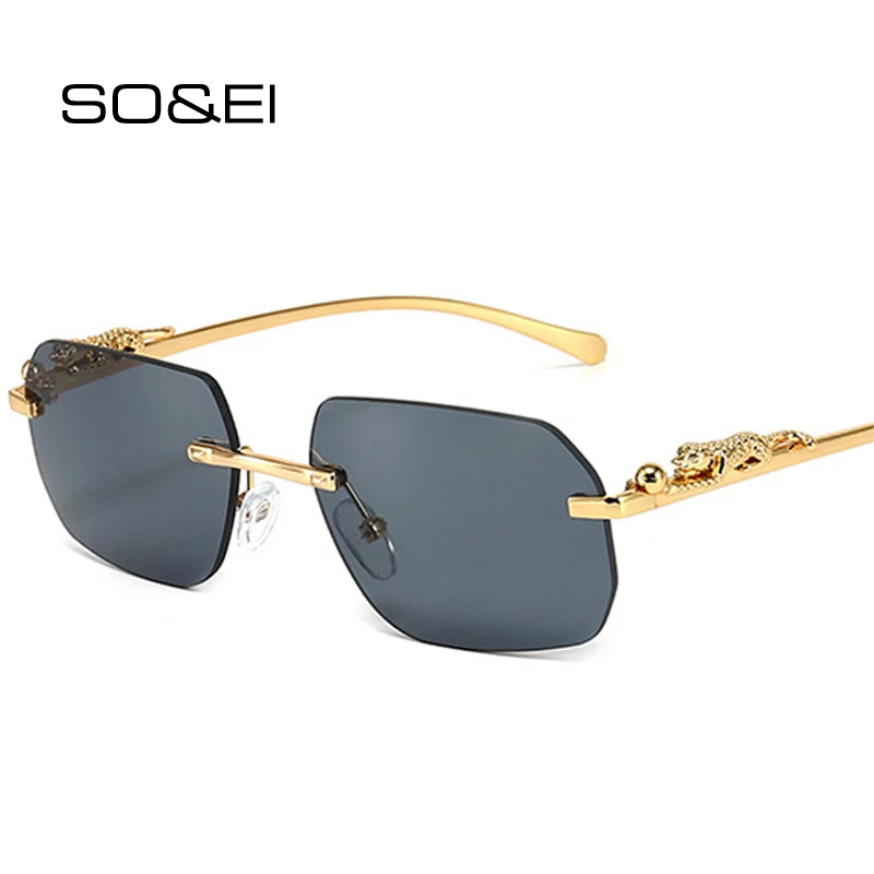 

SO&EI Fashion Rimless Polygon Square Women Sunglasses Retro Brand Designer Shades UV400 Men Clear Ocean Lens Cheetah Sun Glasses