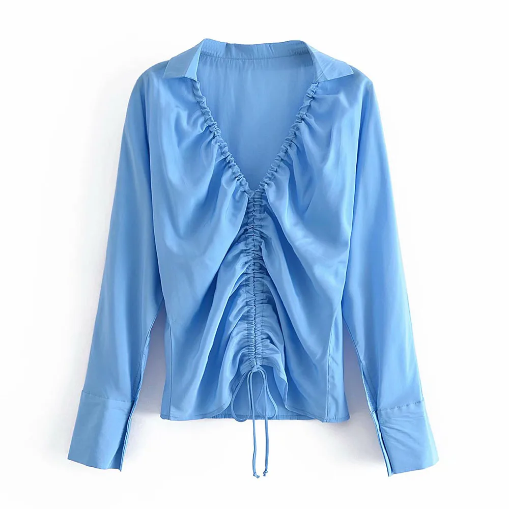 

Женская тонкая атласная рубашка ZA, голубая французская драпированная Блузка с V-образным вырезом и длинными рукавами, в европейском и амери...