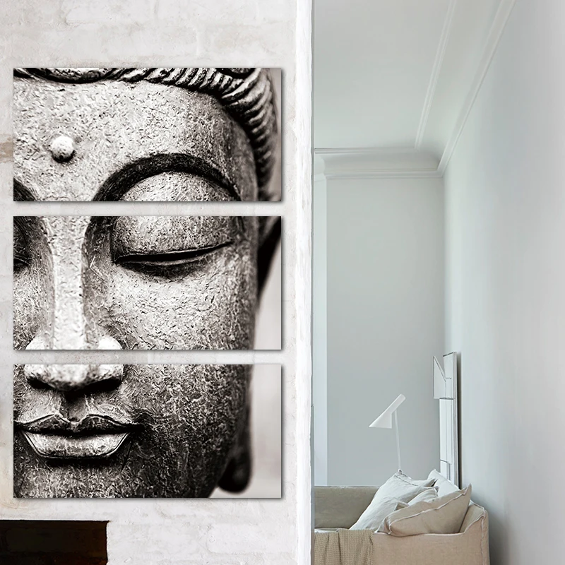 

Gray Buddha Statue Canvas Paintings 3 Panels Buddhist Artworks Buddha Face Poster Home Decor for Bedroom Decoration