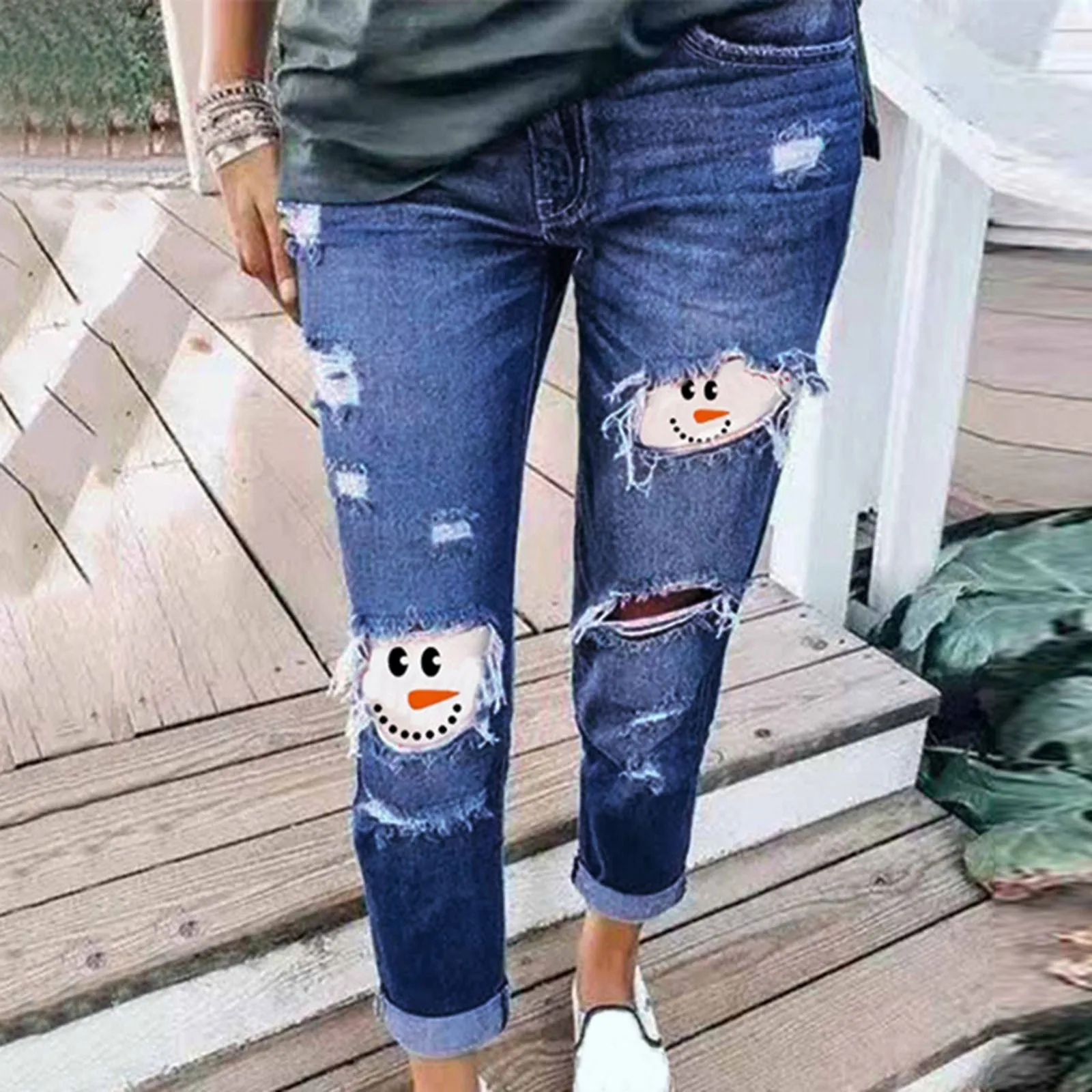 

2021 Women Jeans Snowman Hat Print Ripped Jeans Plus Size Trousers Women Casual Streetwear Pantalon Femme Pants With Holes