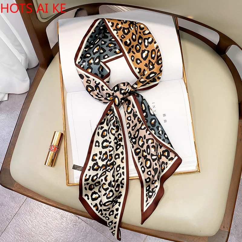 

Designer Small Silk Square Scarf Women Narrow Long Leopard Striped Print Handkerchief Lady Head Hair Band Scarfs Kerchief Female
