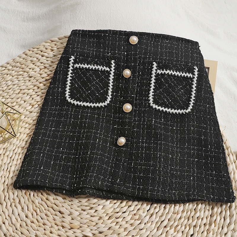 Юбка женская твидовая в клетку Офисная винтажная шерстяная мини-юбка с карманами