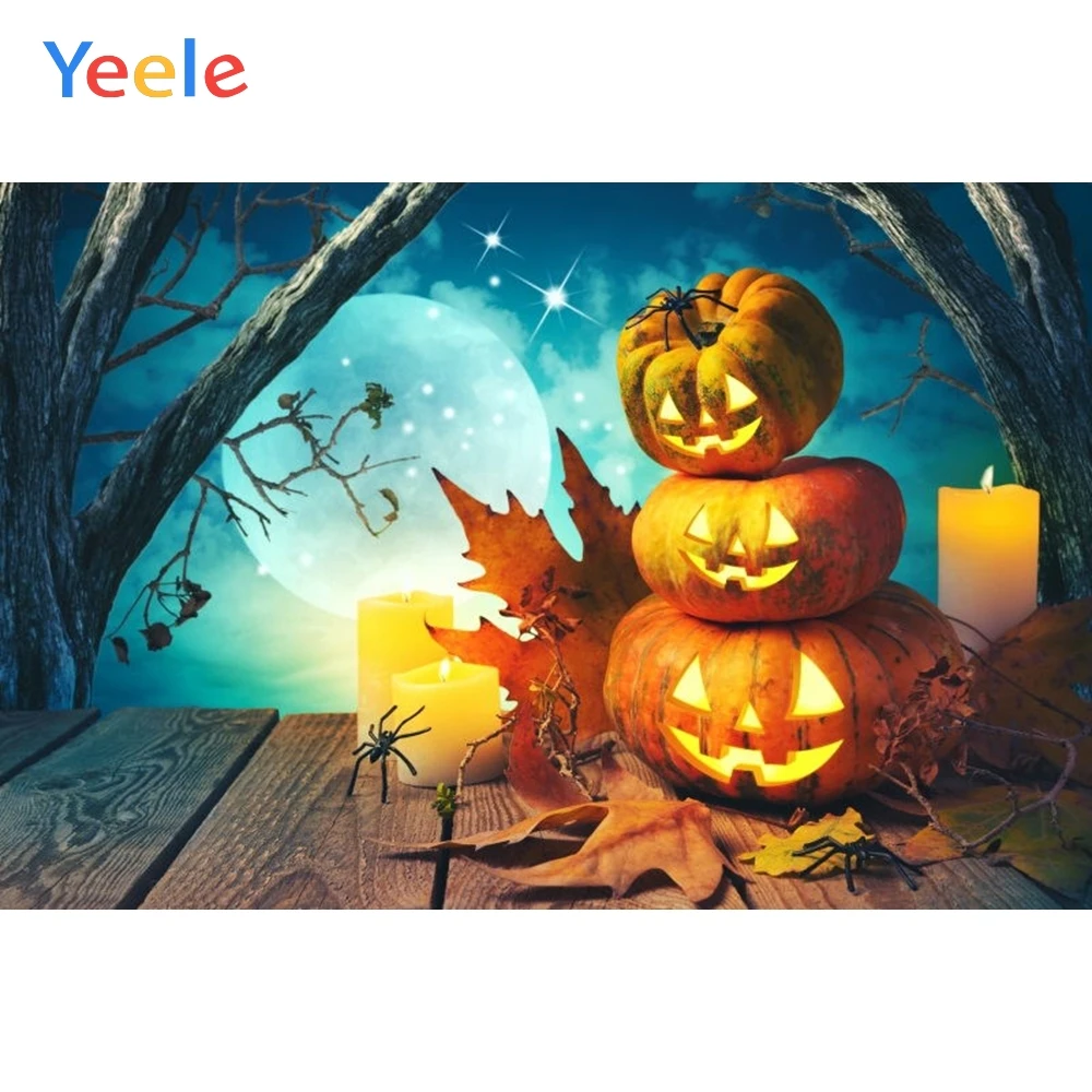 Фотофон Хэллоуин Тыква фонарь деревянная доска свеча листья луна ночь Виниловый