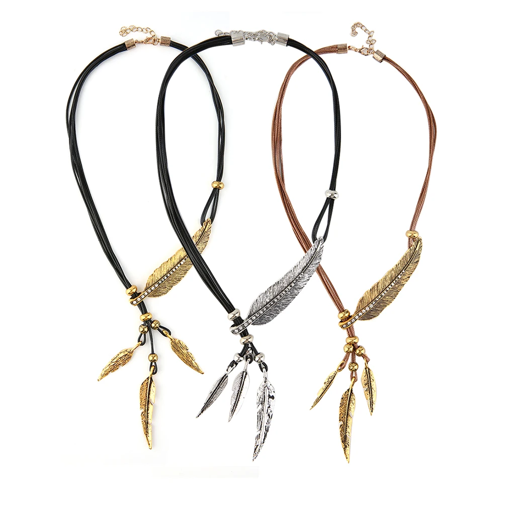 100% новая мода бронзовая Веревка Цепи перо в богемном стиле узор кулон ожерелье