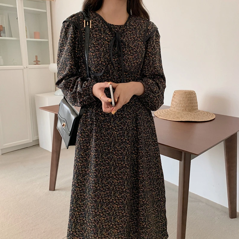 

New Autumn Women Dresses Printing Long-Sleeves Floral Gentle French Ankle-Length Sweet Female Fashion Elegant