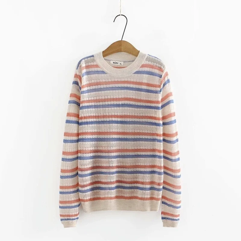

Plus Size XL-4XL Women's Thin Muslimah Sweaters Casual Striped Shirts