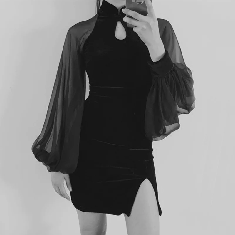 Шифоновое бархатное женское платье с рукавами фонариками сексуальные платья