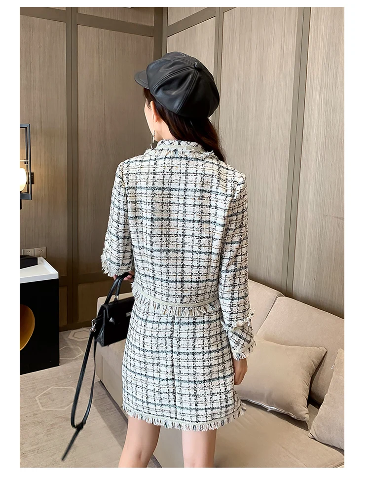 

High Quality Women Skirt Sets 2020 Autumn Beading Woolen Tweed Jacket Short Skirt Suits Tassels Two Piece Women Lattice Sets