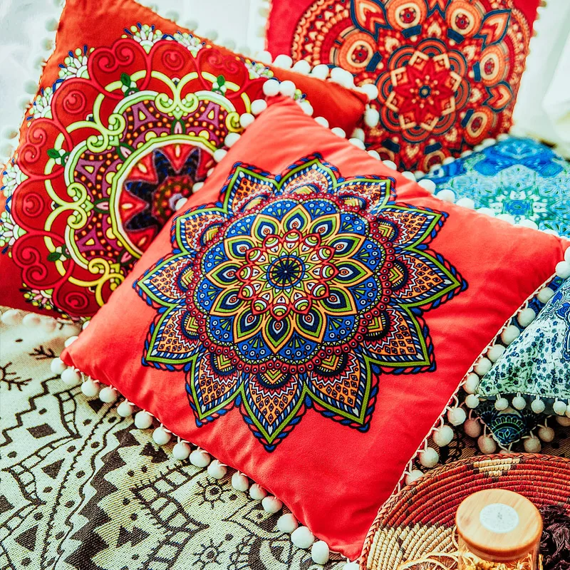 Red Cushion Cover Mandala Floral Pillow Soft Velvet 45X45cm/50x50cm Pomom Ball Fringe Home Decoration | Дом и сад