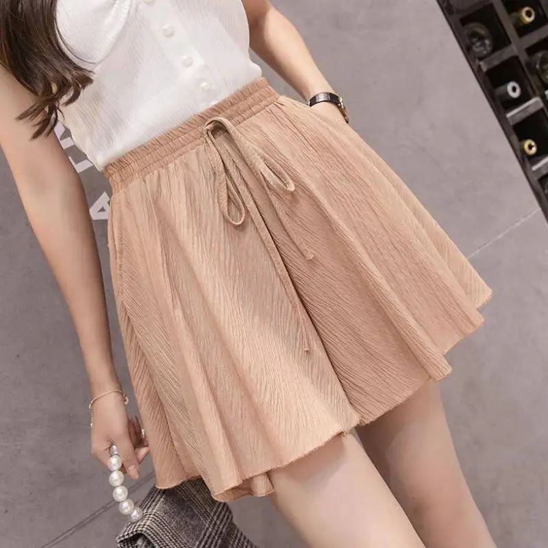 

2021 Summer Solid Chiffon Shorts Skirts New Plus Size Thin Style High Waist Lace-up Loose Wide Leg Short Pants Women Casual Y837
