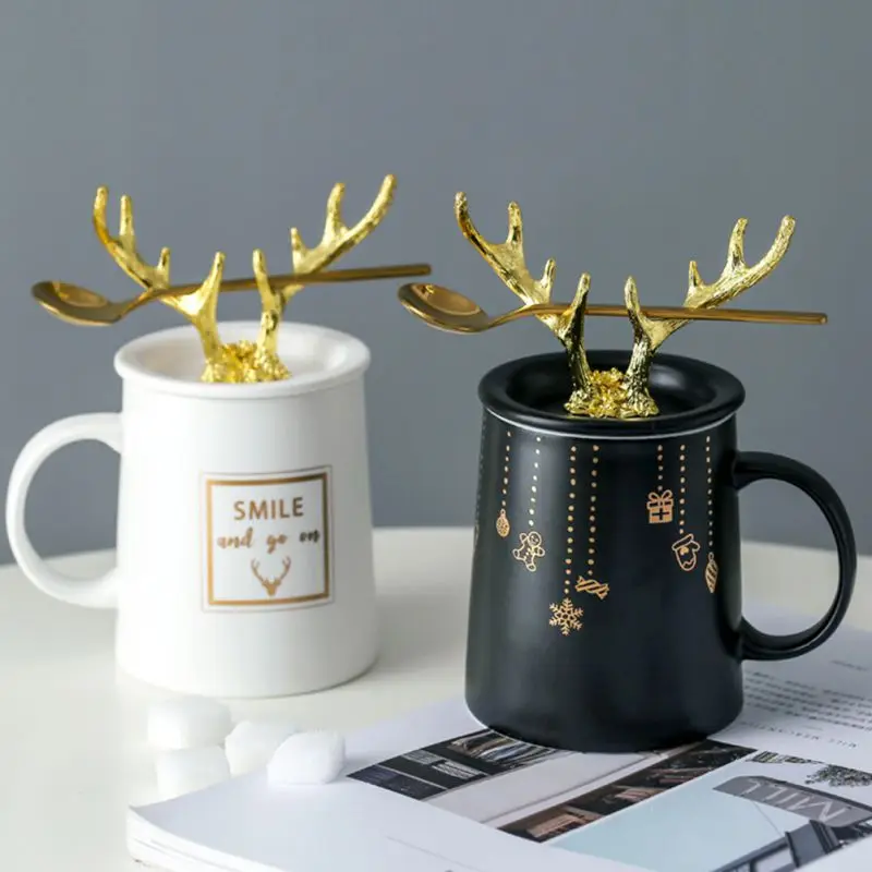 

CXD-Household Antlers Cute Concise Pattern Cup Coffee Mike Office With Cover & Spoon Mugs