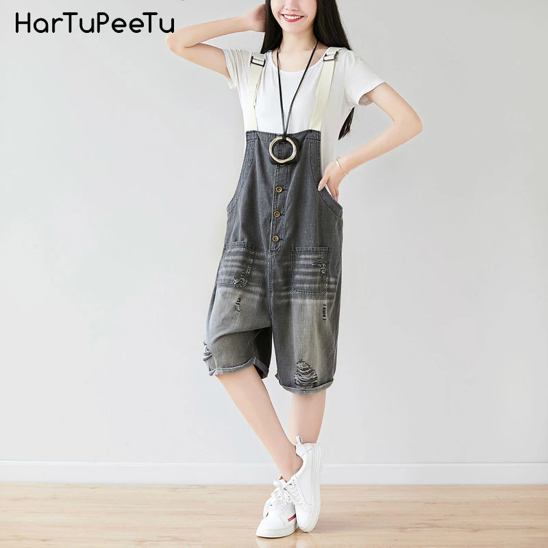 Knee Length Denim Shorts Overalls Women Holes Ripped Jeans Loose Casual Wide Leg Bib Pants 2022 Summer Vintage Buttons