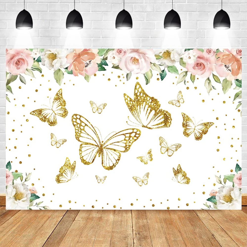 

Pink Flower Golden Butterfly Princess Girl Newborn Baby Shower Birthday Backdrop Vinyl Photography Background Photophone Prop