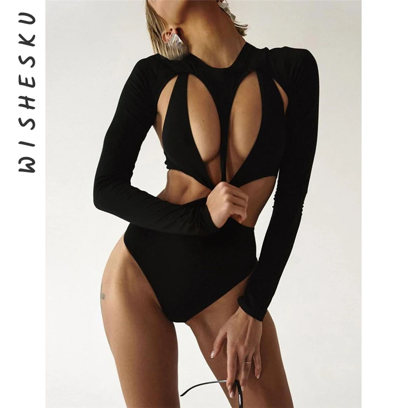 

Sexy O Neck Hollow Out Backless Bodysuits Women Long Sleeve Black Gothic Y2K Clothes 2022 Summer Harajuku Punk Tops