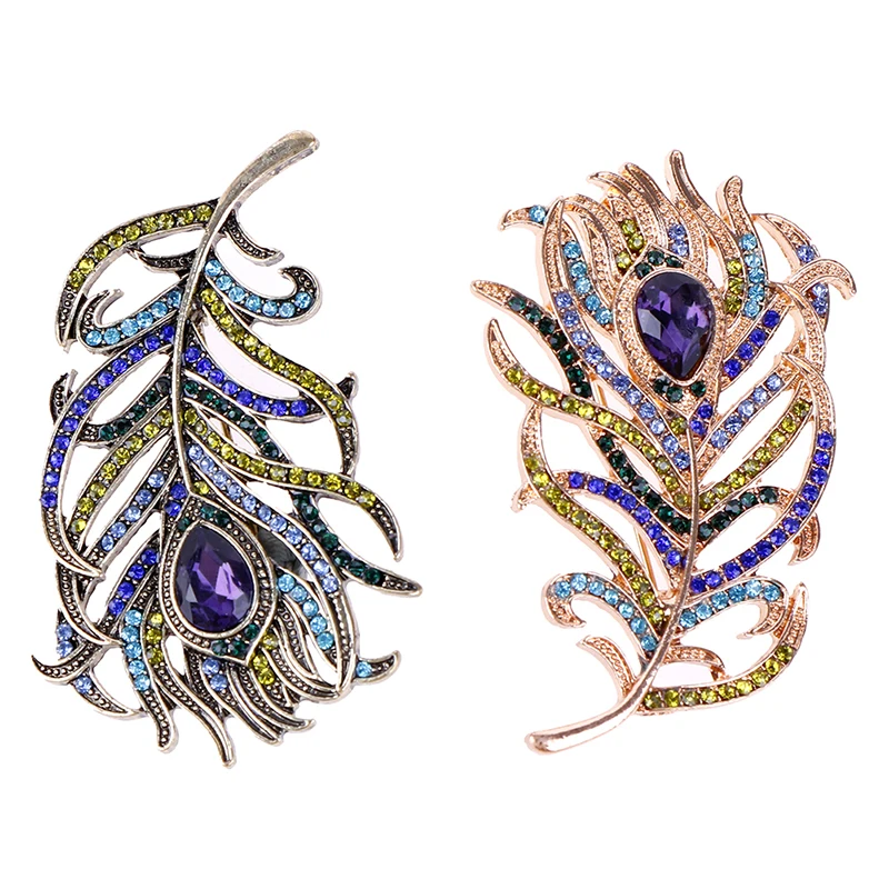 1pcs Boho Crystral Peacock Feathers Brooch Enamel Pins Deep Blue Brooches For Cloth Decorations Wedding Accessories | Украшения и