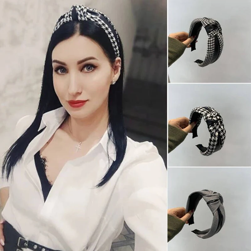 

Ladies PU Leather Houndstooth Knot Headbands For Women Girls Retro Black Patchwork Plaid Hairbands Bezel Hair Hoop Accessories