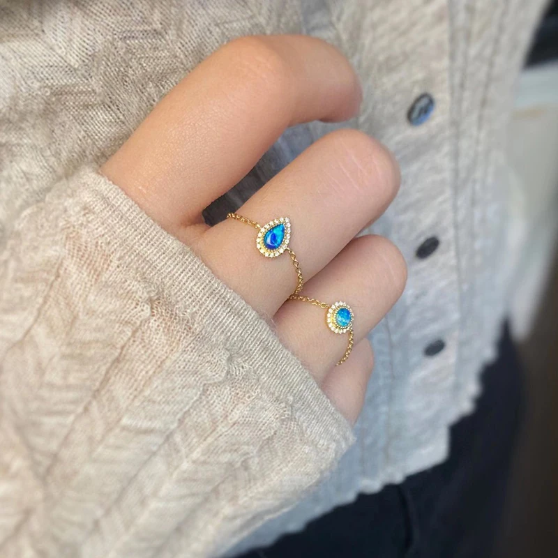 

AINUOSHI 18K Gold Pear/Round Shaped 0.07ct Natural Opal Real Diamond Adjustable USA 9 Sise for Women Personalise Gemstone Ring