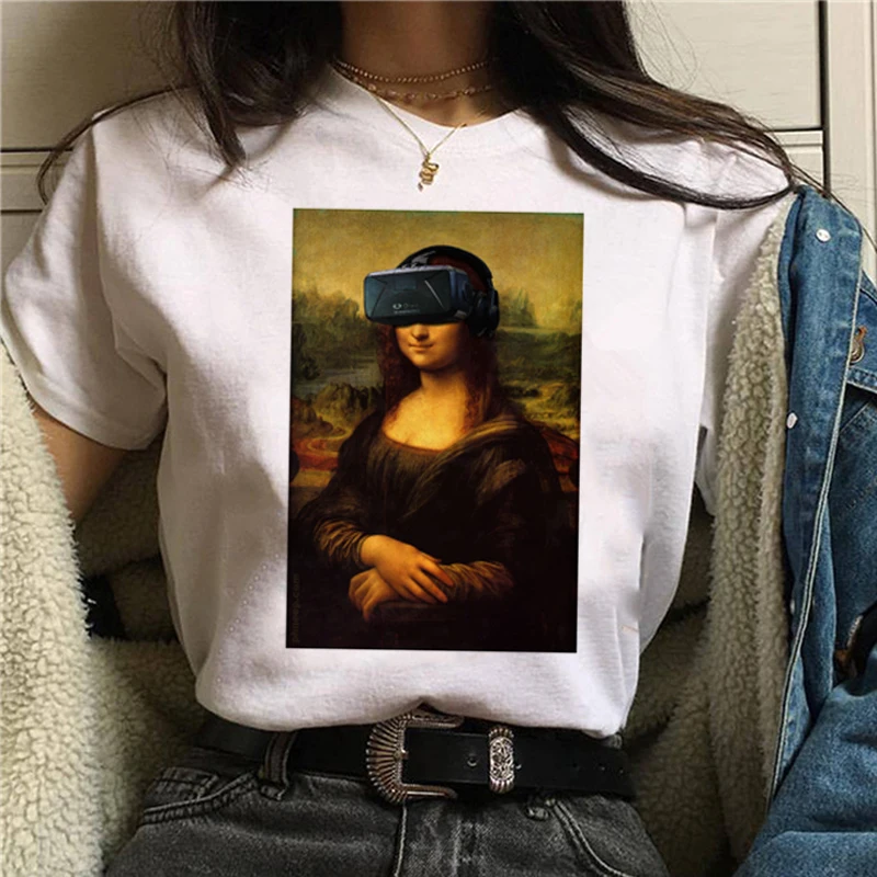 Mona Lisa Эстетическая Harajuku футболка женская Ullzang винтажная графическая футболка Веселая мультяшная футболка 90s корейский стиль Топы Футболки женские