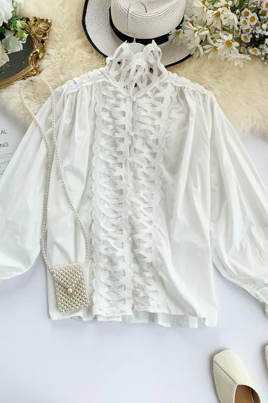 Women Autumn Blouse Shirts Tops 2019 sense small crowd hollow vertical collar lantern sleeve white super-fairy temperament top | Женская