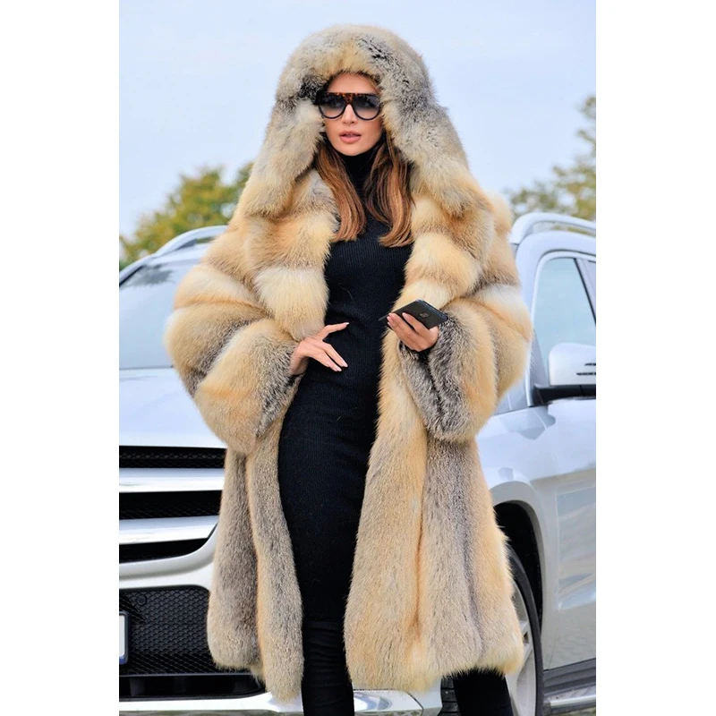 FURSARCAR Luxurious Real Natrual Golden Fox Fur Jacket With Hood Thick 2021 New Fashion Long Women Winter Fur Coat Plus Size