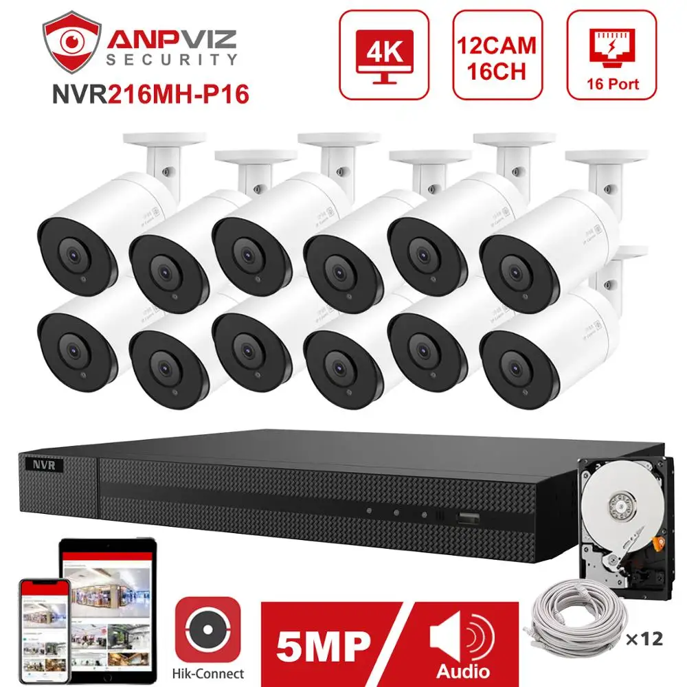 Hikvision OEM 16CH 4K NVR Anpviz 12pcs 5MP POE IP Camera System Indoor/Outdoor Security Kit IP66 30m P2P | Безопасность и защита