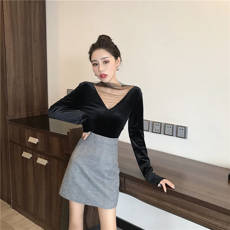 Весна осень новый сексуальный корейский стиль сетки перспектива лоскутное с