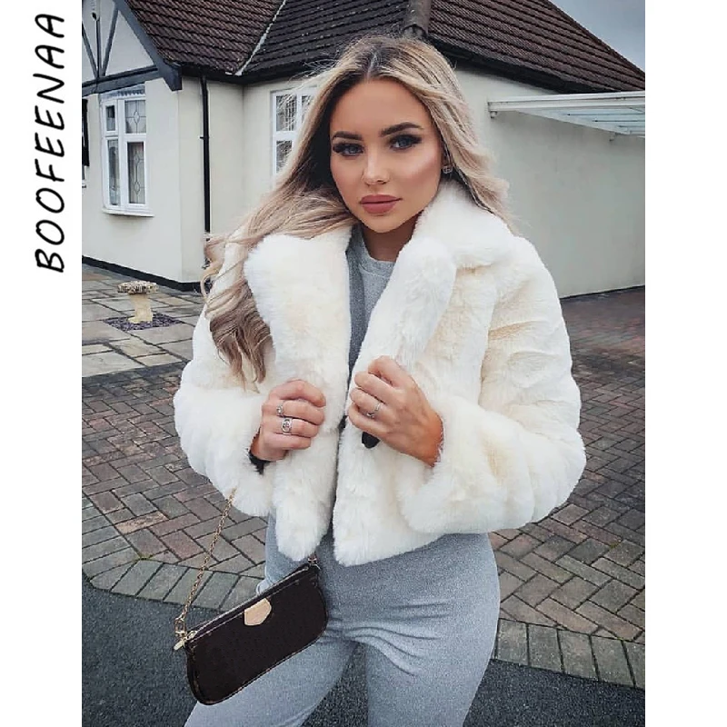 

BOOFEENAA Fluffy Faux Fur Coat Winter Fashion Furry Cropped Teddy Bear Jackets for Women Basic Solid Shaggy Cardigan C48-DE49