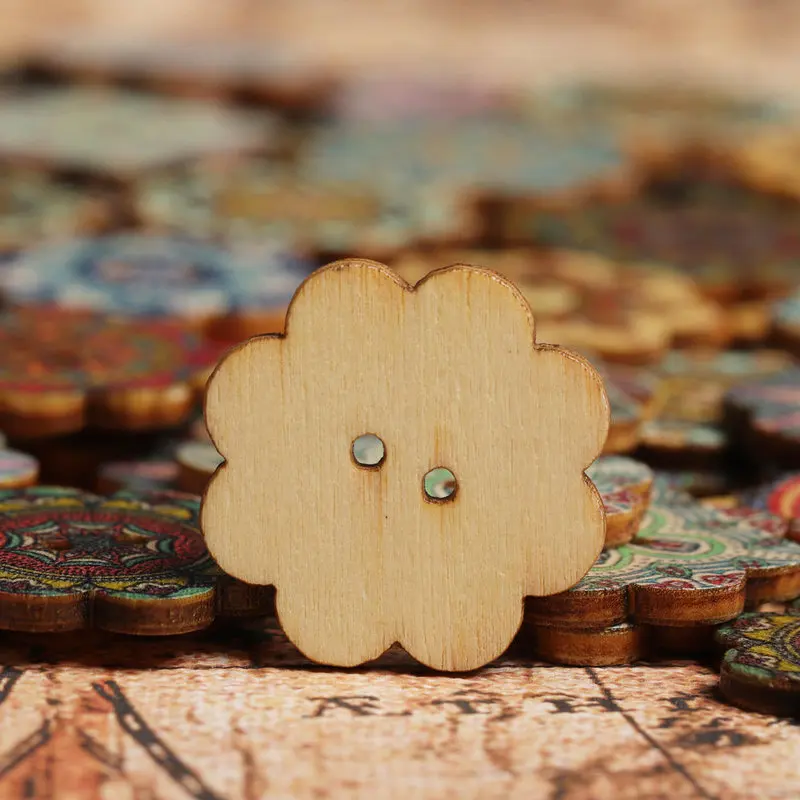 100 шт. круглые деревянные пуговицы с цветочным принтом 2 отверстиями 15 мм 25