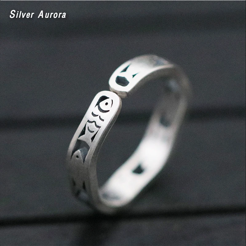 999 Стерлинговое Серебро регулируемые кольца для женщин кольцо с рыбками и