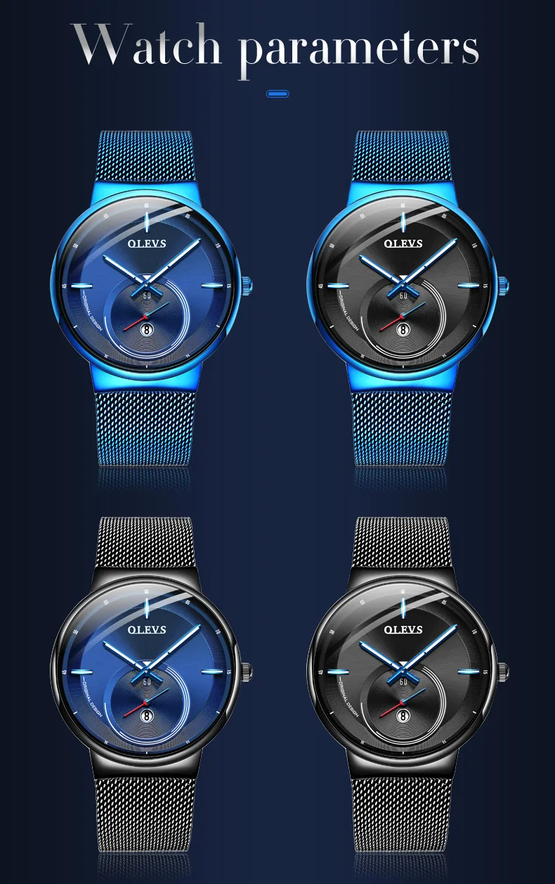 NEW OLEVS Watch Men Luxury Quartz Date Blue Dial Thin Top Brand Watches Sports Chronograph Mesh Belt Wrist Watch Man Clock