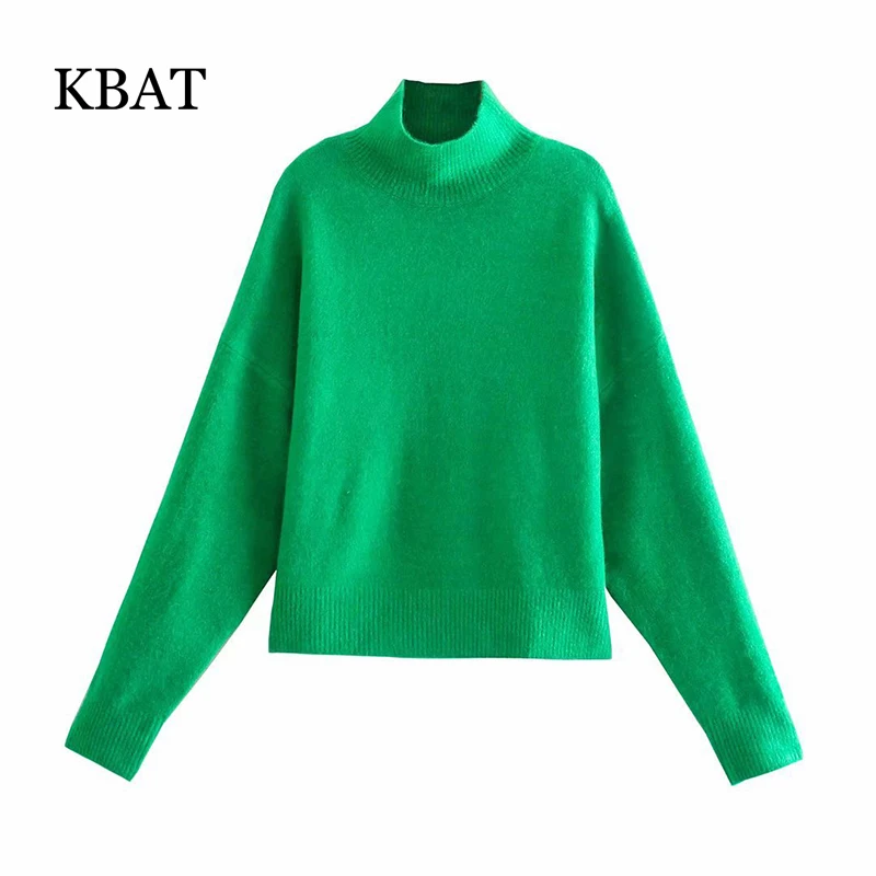 

KBAT Women Green High Neck Knit Sweater Fashion Long Sleeve Autumn Sweaters Loose Knitted Top Streetwear Vintage Pullover