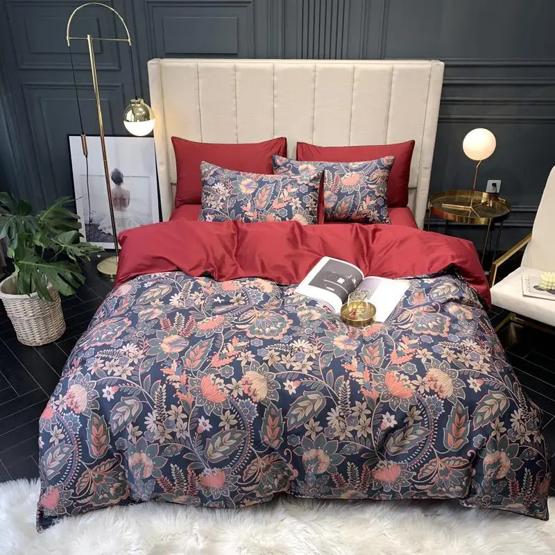 

Простой комплект постельного белья 50Red из шелковистого египетского хлопка в западном стиле с изображением растений, простыня, набор постел...