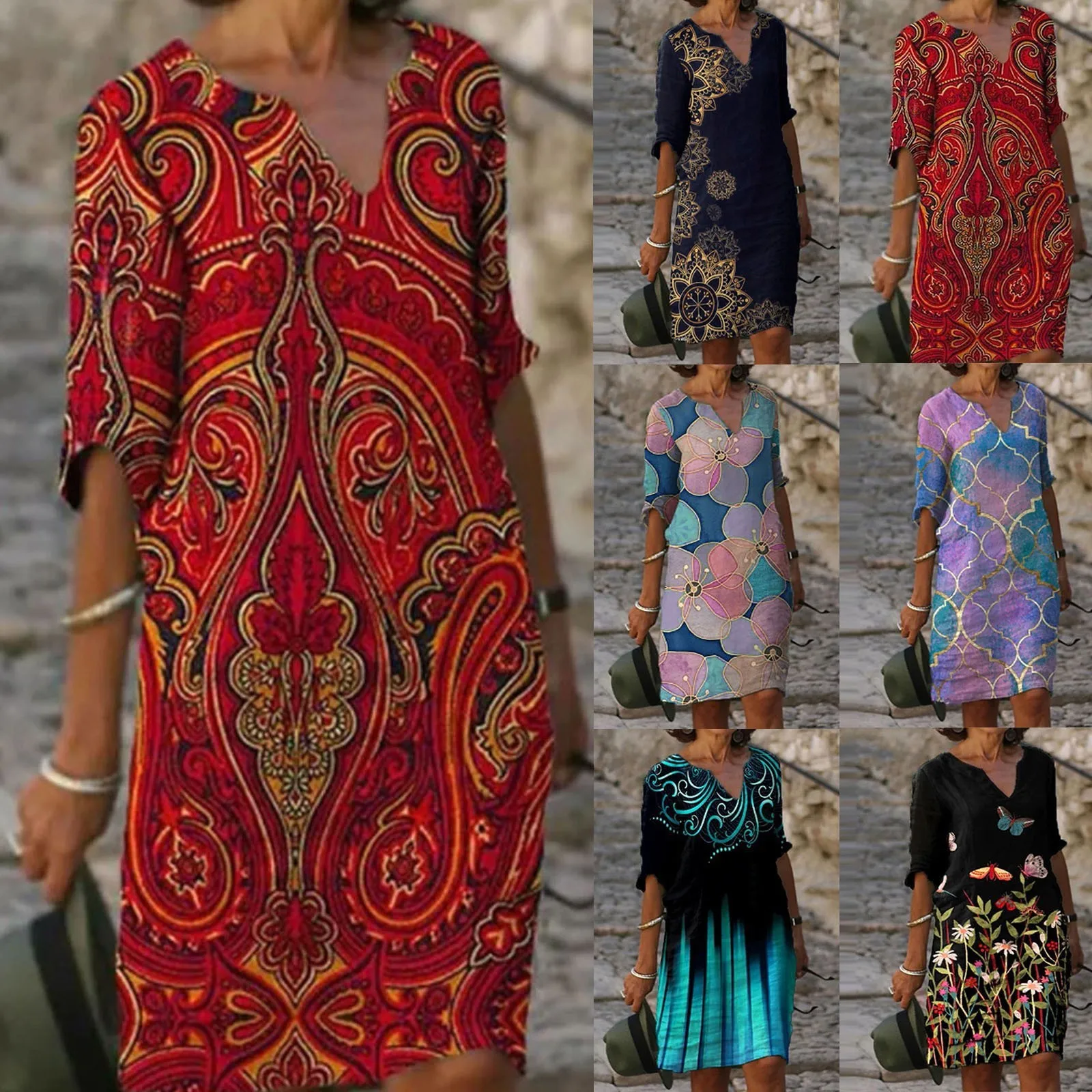 

63# Women Fashion Plus Size Medium Length Printed Vestidos Long-sleeved V-neck Dress A-line Oversized Loose Temperament Sukienka