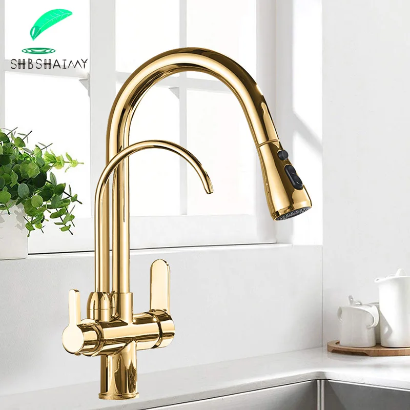 

SHBSHAIMY Golden Kitchen Tap Pull Down Purified Water Faucet 360 Rotation Double Handles Single Hole Cold and Hot Water Mixers